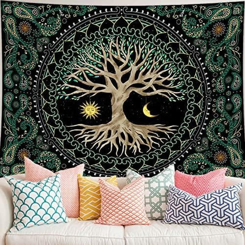 Tree of Life Tapestry Gloden Sun and Moon Wall Hanging Tapestry